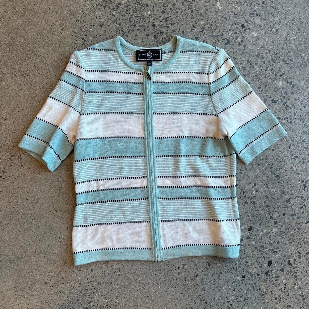 St. John Sport Women’s S Mint Green Striped Knit Zip Top with Embroidery